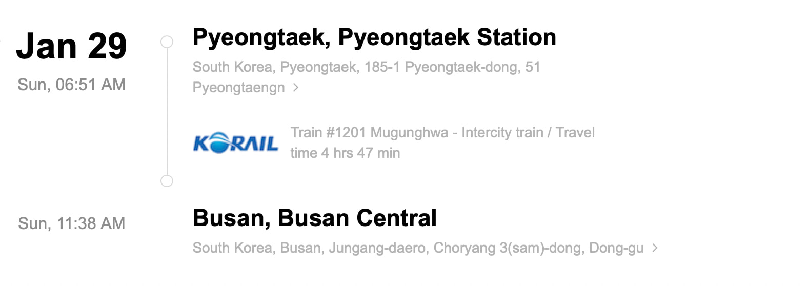 Train station information on Korail ticket from Busan to Seoul