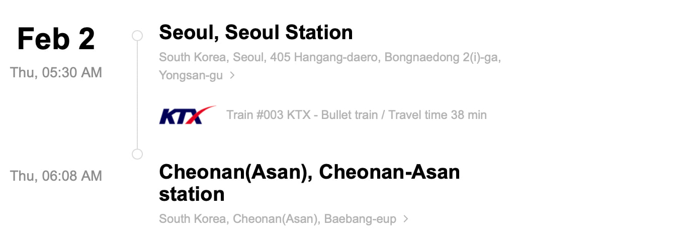 Train station information on KTX  ticket from Daejeon to Seoul