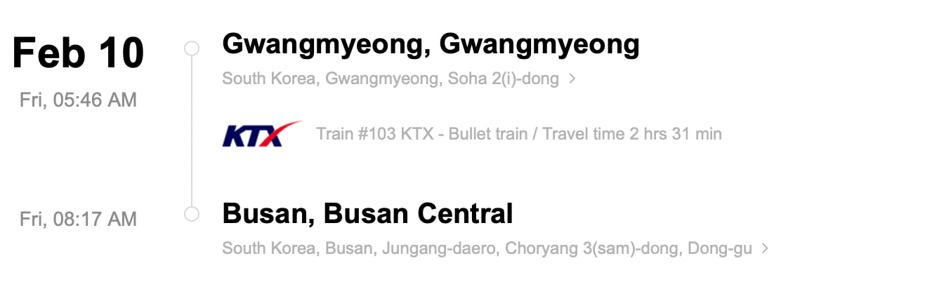Train station information on KTX ticket from Daejeon to Seoul