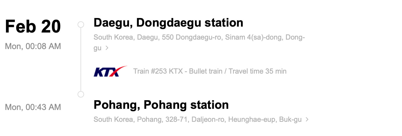 Train station information on KTX ticket from Busan to Seoul