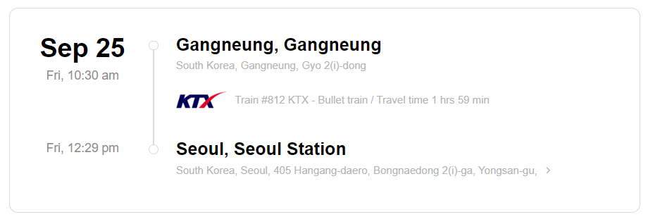 Train station information on KTX ticket from Gangneung to Seoul