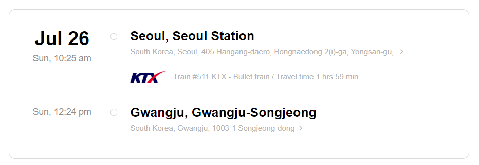 Train station information on KTX ticket from Gwangju to Seoul