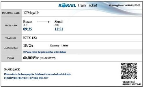 A sample of a KTX train ticket