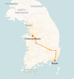 Cheonan (Asan) to BusanTrain Route