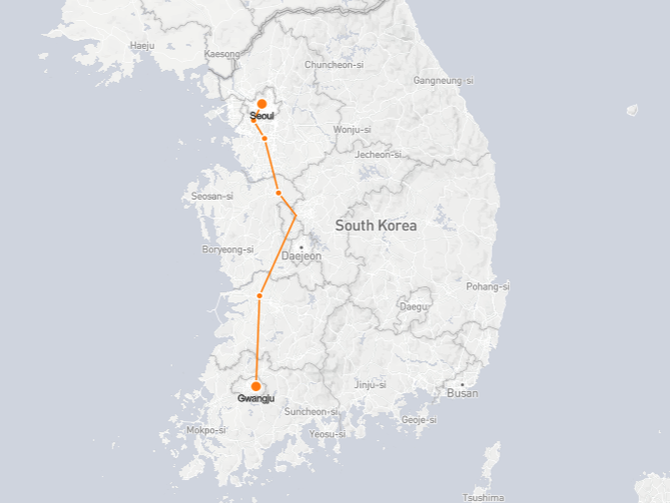 Gwangju to Seoul Train Route